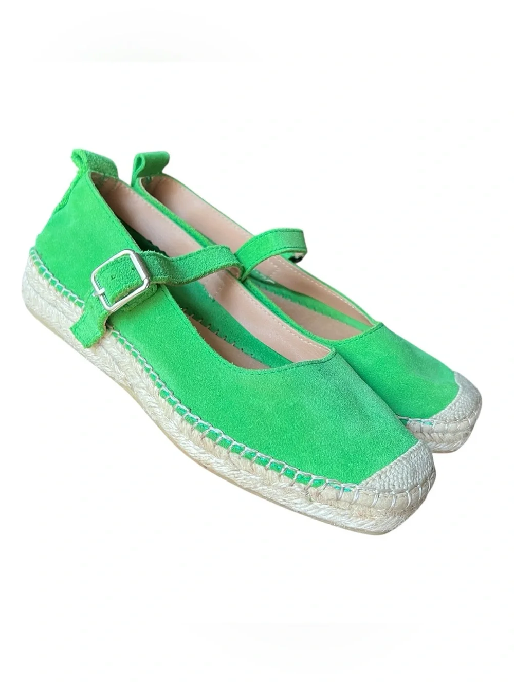 FABIOLAS Handmade In Spain Green Suede Mary Jane Espadrille Flats Size 38 US 7.5
